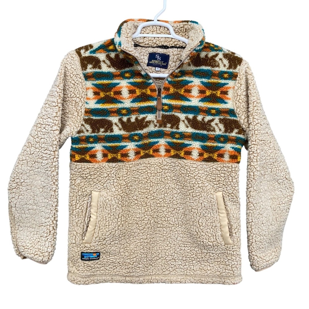 Simply Southern Fuzzy Bear Southwestern Print Quarter Zip Pullover Women's S - Picture 2 of 11